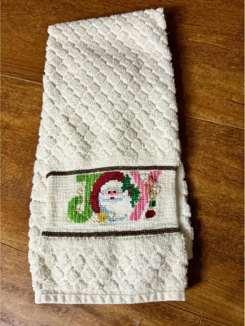White Textured Kitchen Towel with Festive 'Joy' Cross-Stitch Design